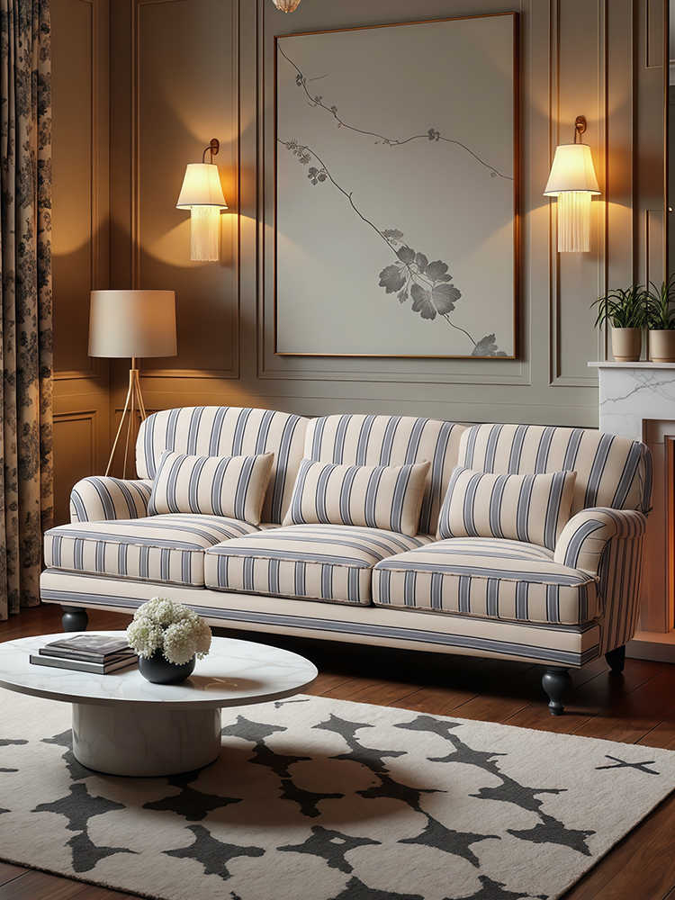 Vintage Striped Sofa – Retro 3-Seater Fabric Couch for Living Room, Homestay, Designer Loft