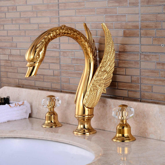 Luxury Gold Swan Basin Faucet with Crystal Handles, Three-Hole Golden Plated Lavatory Bathroom Sink Tap, Hot and Cold Mixer