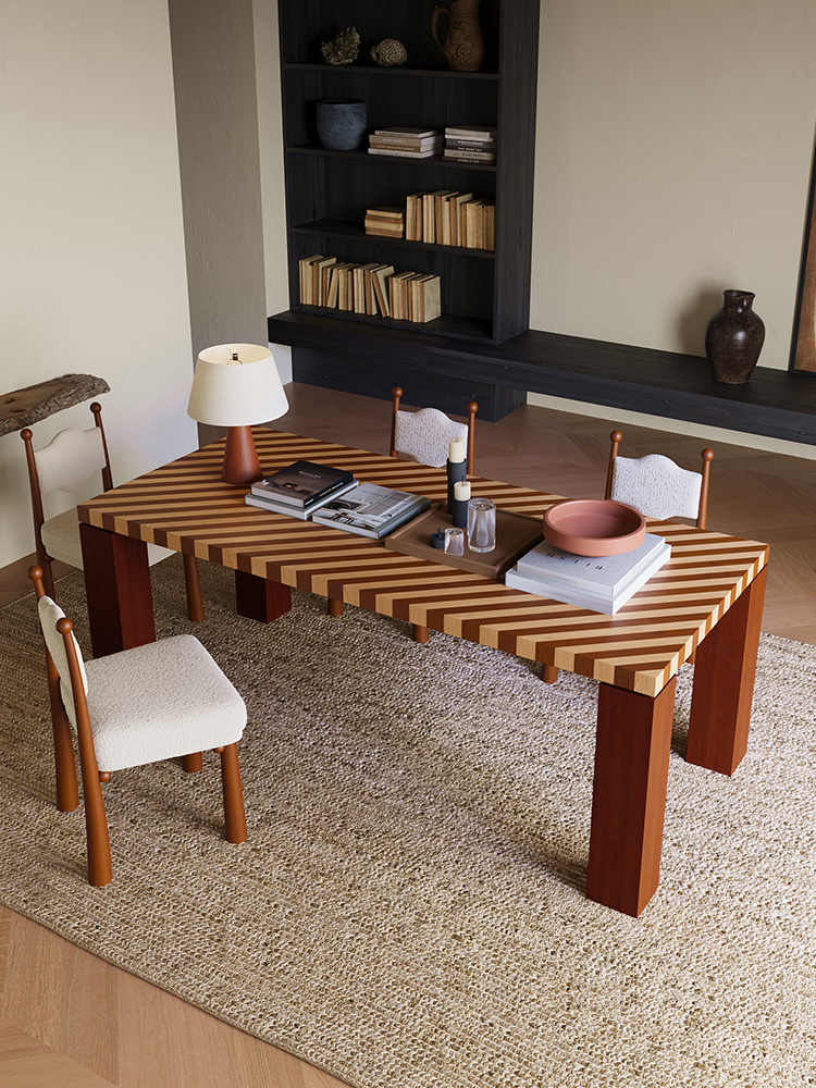 Vintage Solid Wood Dining Table Set – Designer Retro Striped Table for Small Apartment, Living Room