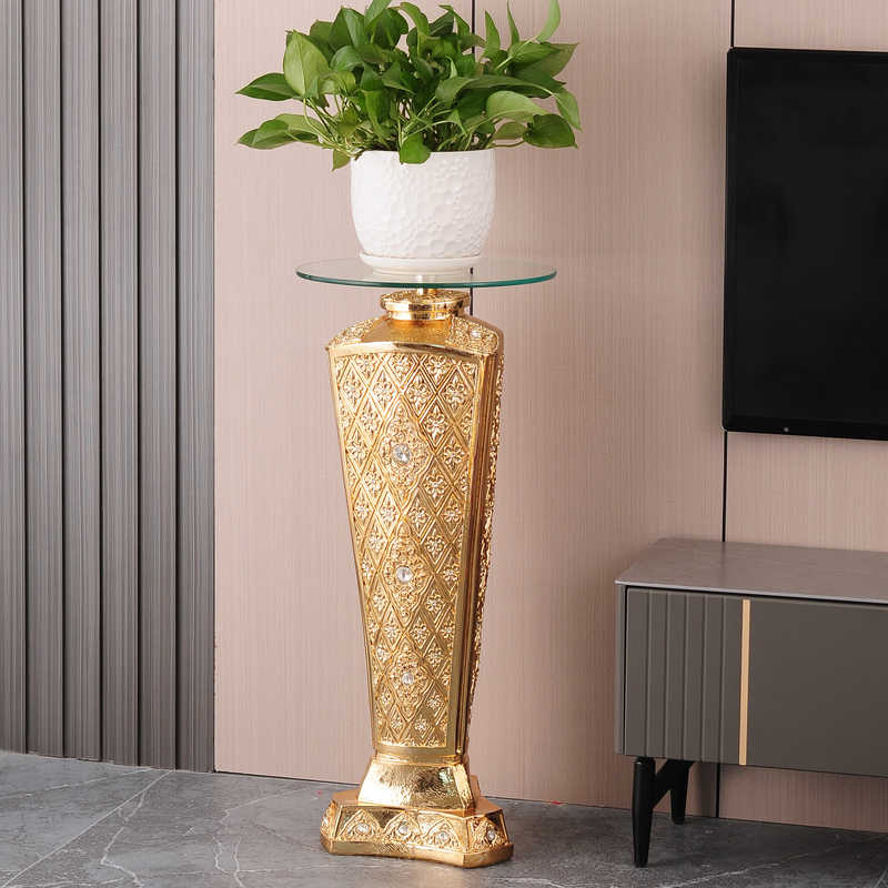 Luxury Geometric Plant Stand – Gold Three-Sided Resin Pedestal Table for Living Room, Interior Pot Holder
