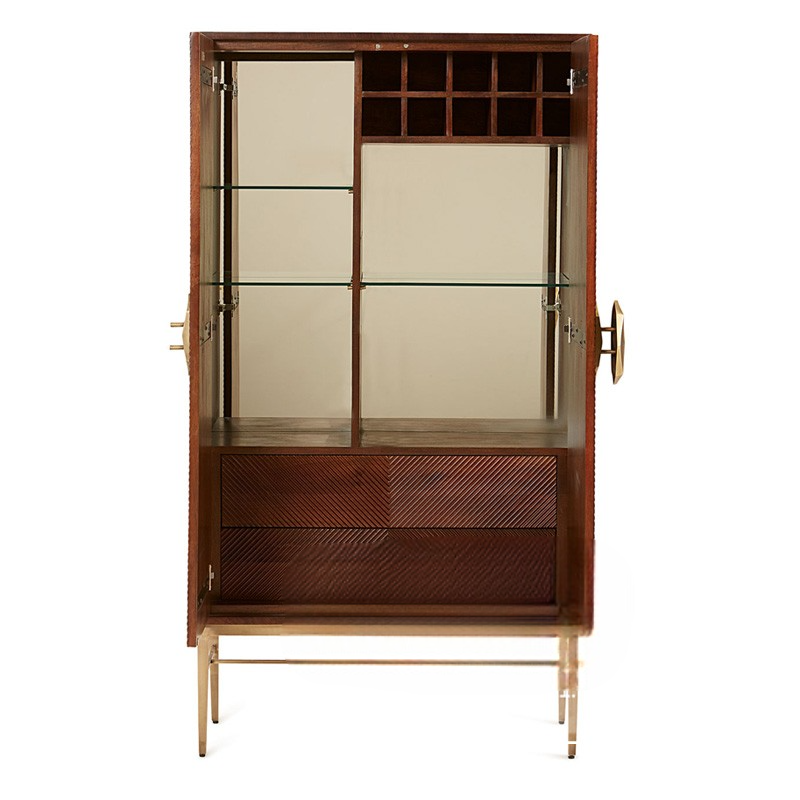 Neo-Classical Carved Wood Bar Cabinet, Luxury Brown Double-Door Storage Wardrobe