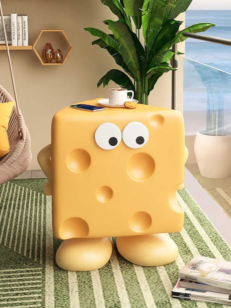 Cute Cheese Block Coffee Table, Instagram-Style Cartoon Side Table with Googly Eyes, Cream Aesthetic Nightstand for Kids Room, Living Room