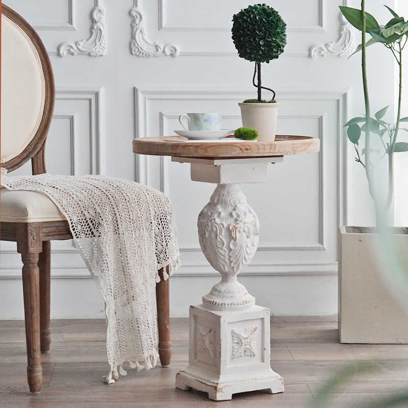 Vintage White Round Side Table, Carved Coffee End Table, Retro Pedestal Accent Table for Living Room, Dining Room, Café