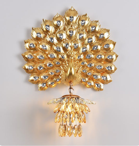 Luxury Gold Peacock Feather Wall Sconce – Crystal Wired Resin Accent Light for Living Room, Bedroom, and Statement Walls