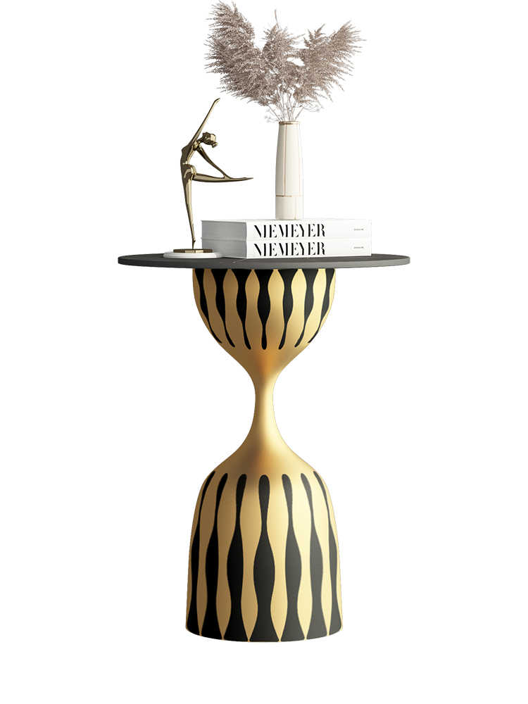 Modern Luxury Black Marble Side Table, High-End Hourglass Accent Table with Gold Detailing, Small Coffee Table for Sofa, Living Room, Apartment