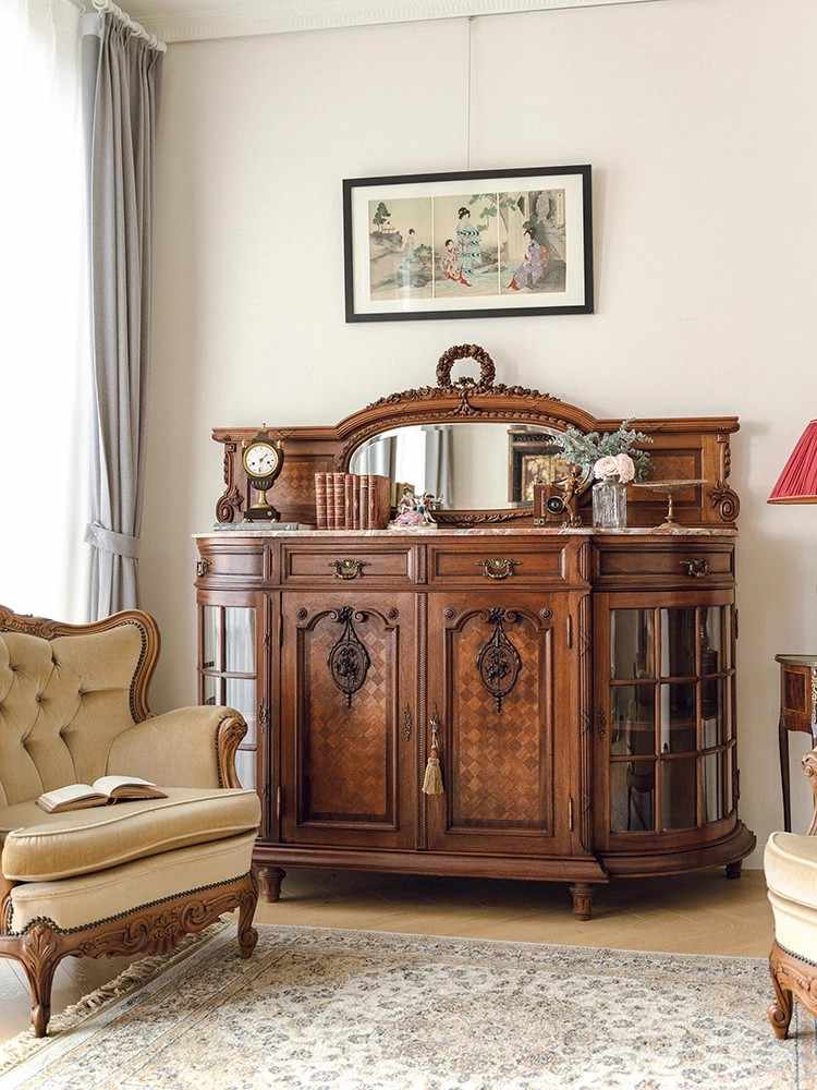 Classical Floral Antique Sideboard Cabinet, Marble Top Console with Oval Mirror & Custom Carved Details