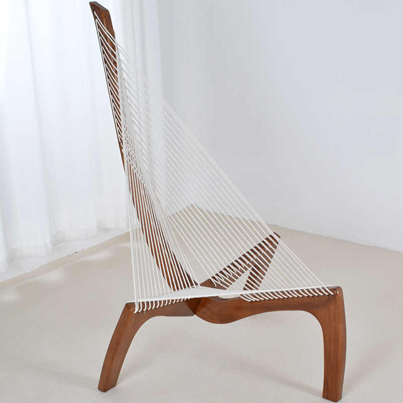 Contemporary Harp Chair – Artistic String Suspension Lounge Chair with Solid Wood Frame, Nordic Minimalist Designer Furniture