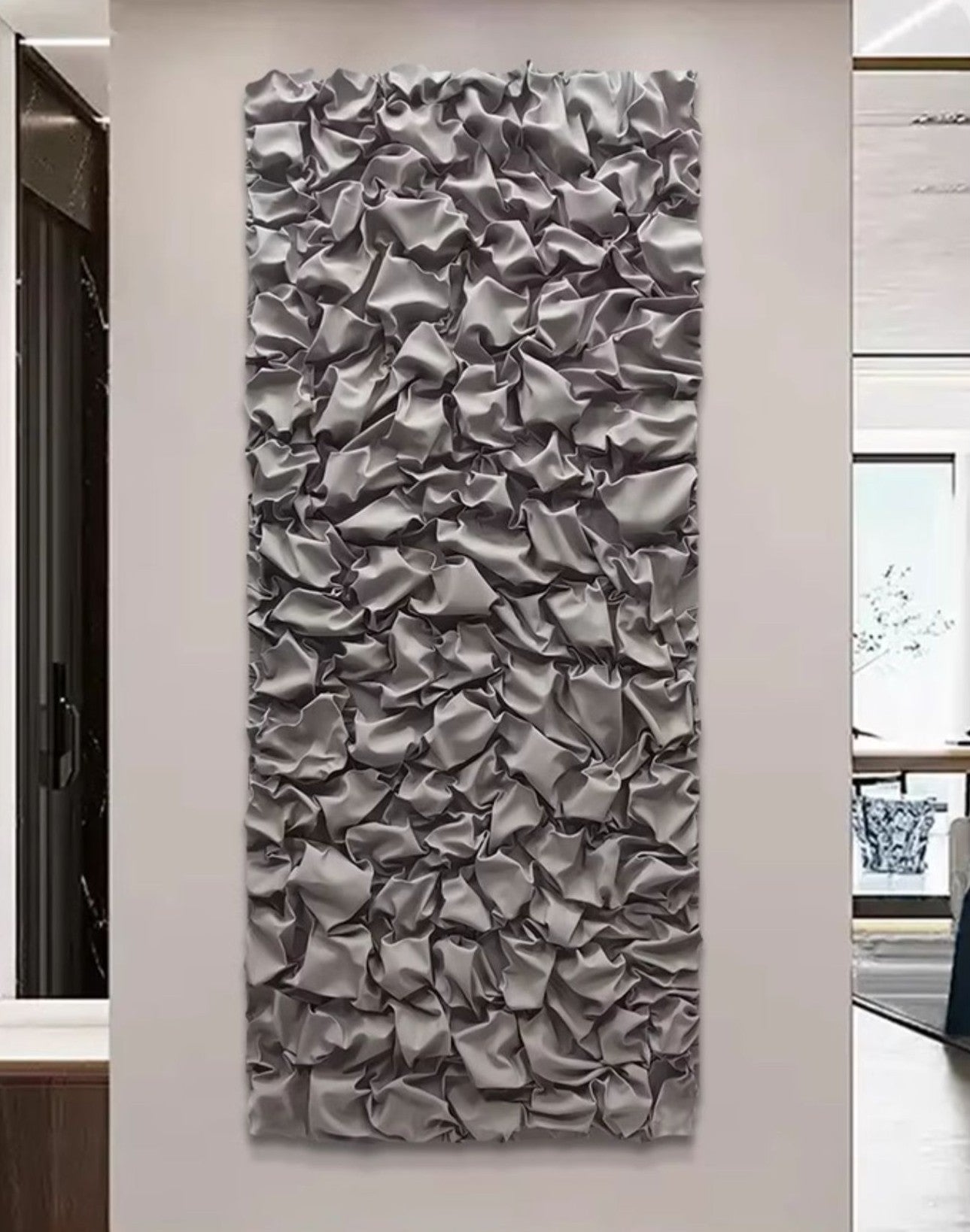 Modern Tall Grey Leather Abstract Wall Art, Large Vertical 3D Relief Panel, Minimalist Designer Statement for Foyer or Living Room