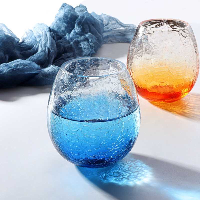 Ocean Crackle Glass Tumbler Set 360ml – Handblown Crystal Cocktail Juice Water Beer Glass, Gradient Blue/Orange/Transparent, Artistic Summer Drinkware