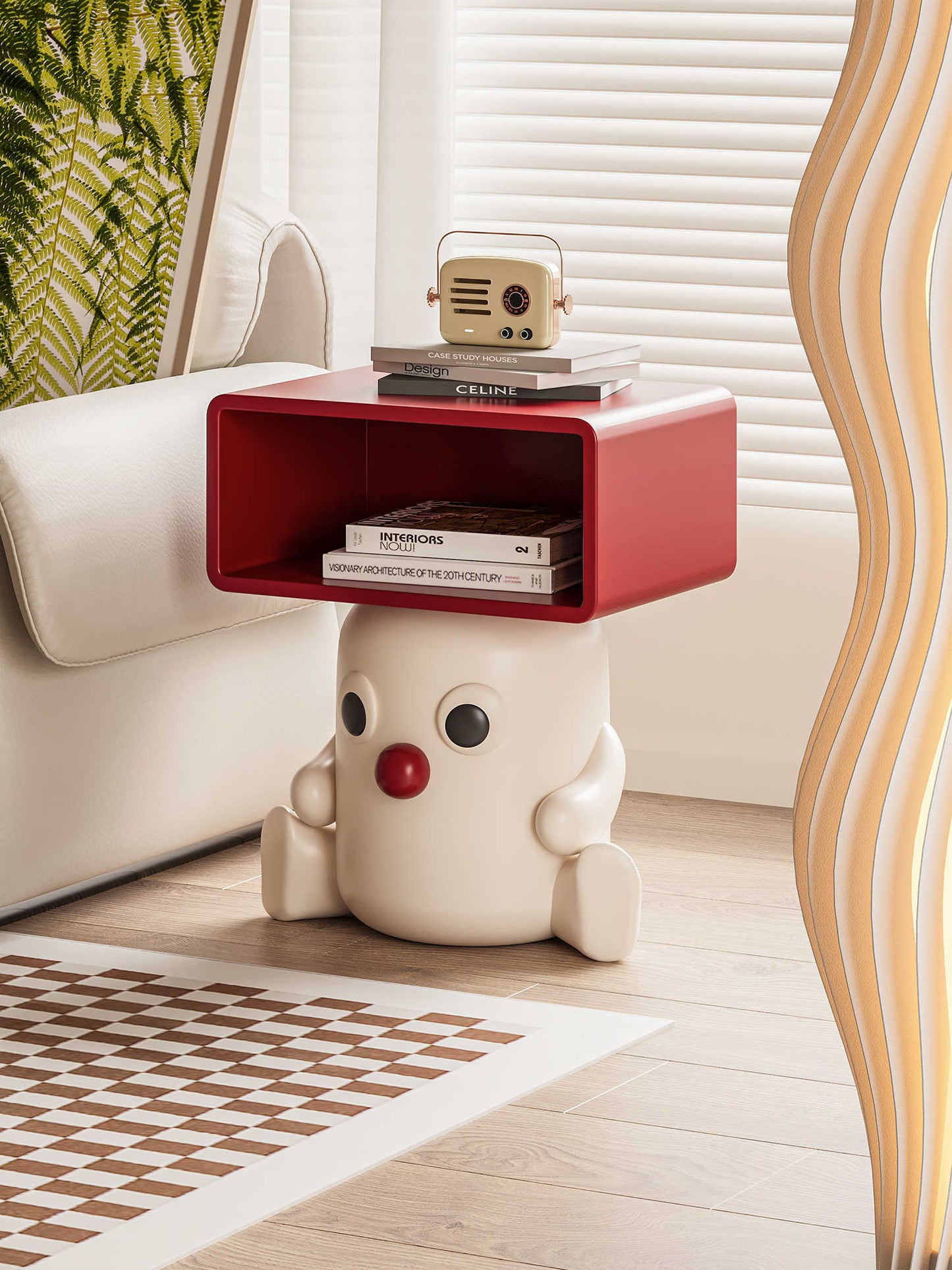 Adorable White Baby Character Side Table with Red Storage Cube – Cartoon End Table, Creative Nursery Bedside Cabinet for Kids Room and Living Room