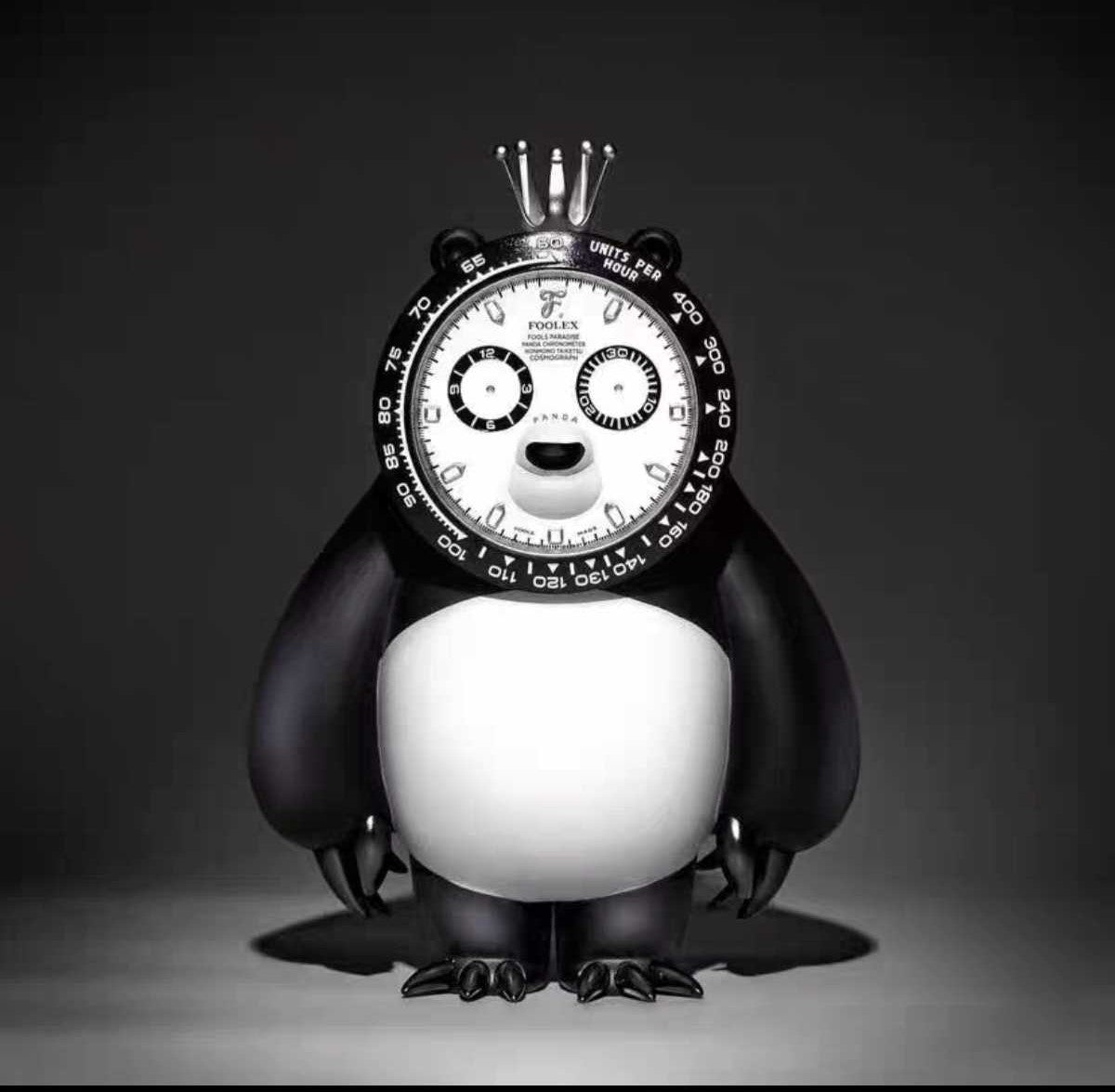 Panda Clock Sculpture – Designer Cartoon Desk Clock, Limited Edition Black & White Cute Art Toy