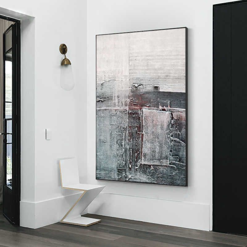 Modern Minimalist Large Black White Gray Abstract Hand-Painted Canvas Wall Art, Vertical Textured Oil Painting with Black Aluminum Frame, Living Room & Entryway