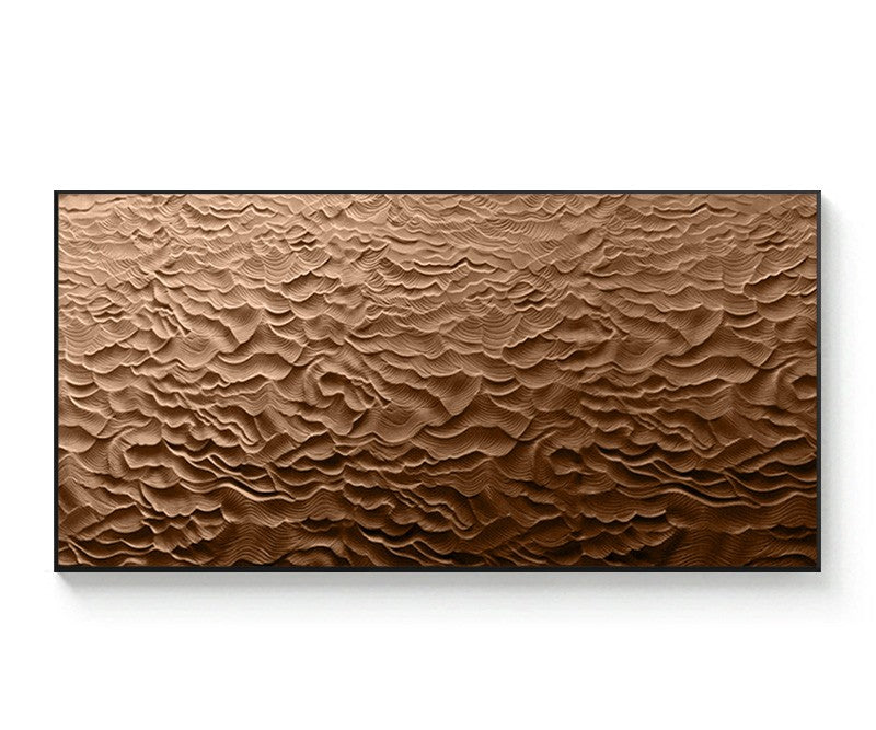 Extra Large Bronze Wave Textured 3D Wood Relief Wall Art Panel, Hand-Painted Sandstone Sculpture with Black Aluminum Frame, Luxury Living Room & Hotel Decor