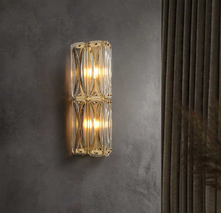 Luxury Double-Layer Brass Crystal Glass Wall Sconce, Mid-Century Modern LED Bedside Light, Designer Background Wall Lighting for Bedroom, Living Room, Hallway