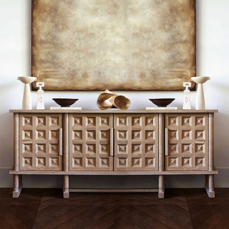 French Vintage Solid Wood TV Console Cabinet, Rustic Country Style Media Stand with Hand-Carved Diamond Pattern, Weathered Oak Finish Storage Sideboard