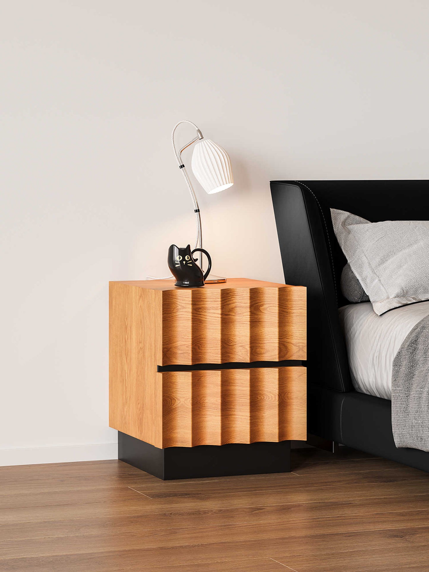 Modern Wave Pattern Solid Wood Nightstand – Two-Drawer Bedside Table with Black Accents, Contemporary Storage Cabinet for Bedroom and Living Room