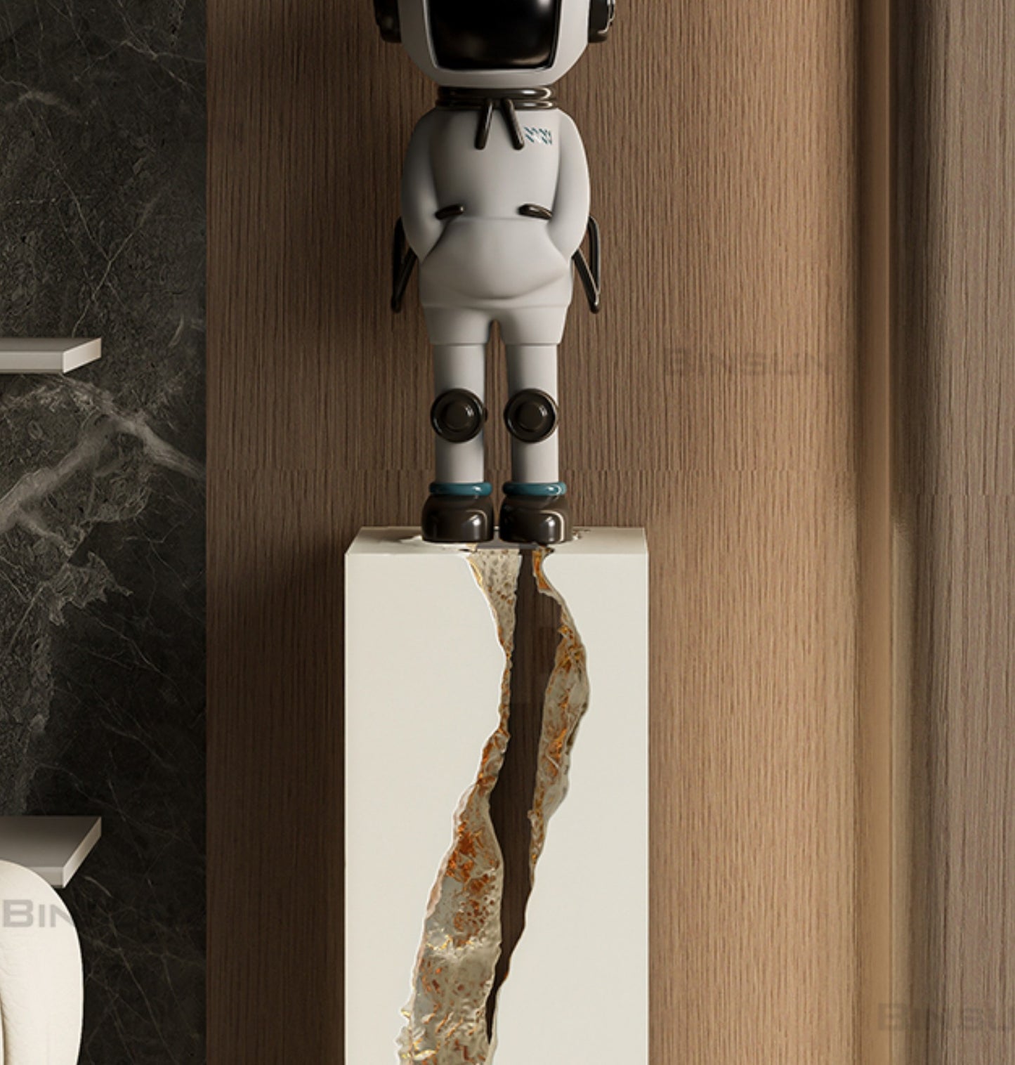 Stone Texture Display Pedestal with Built-in LED Lighting, Luxury Ivory White Column Stand with Gold Accents