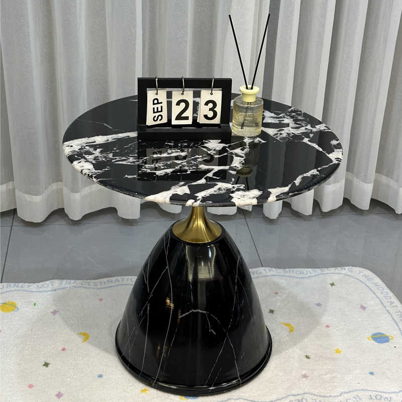 Luxury Nero Marquina Marble Side Table – Modern Round Accent Table with Gold Brass Base, Contemporary Living Room Furniture
