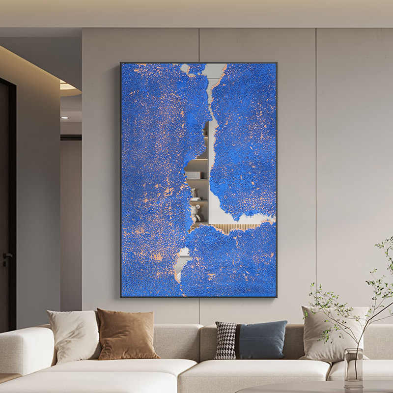 Modern Abstract Klein Blue Textured Wall Art, Mirror Stainless Steel Hand-Painted Relief, Black Aluminum Frame, Large Entryway & Sofa Background Decorative Painting