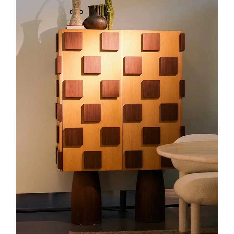Italian Minimalist Two-Tone Checkered Tall Cabinet – Modern Luxury Storage Bar Console, Designer Cylindrical Leg Sideboard for Living Room and Dining