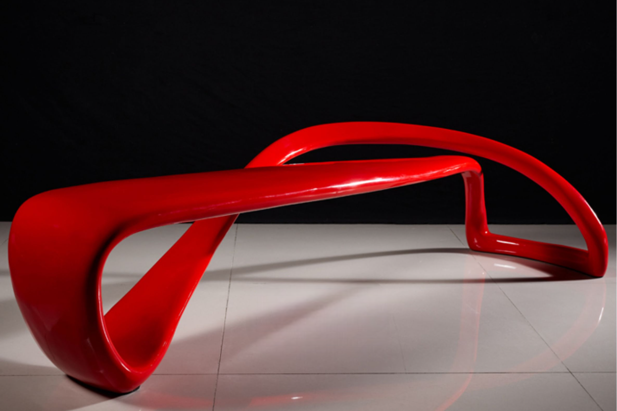 E-Turn Bench Modern Sculptural Outdoor Low Stool, Red Plastic Fiberglass Minimalist Designer Butterfly Bench