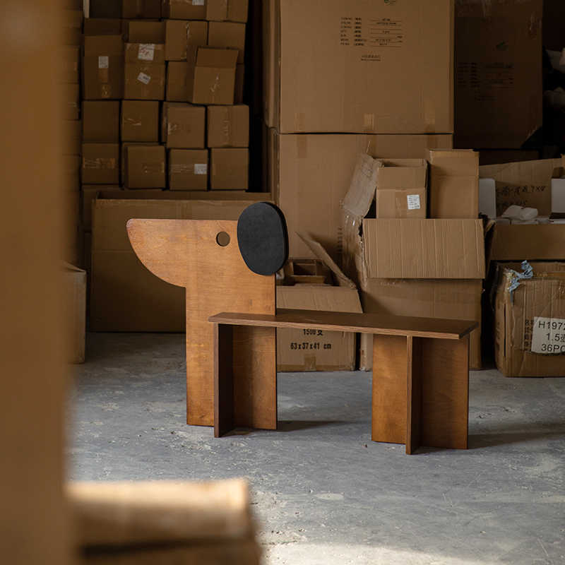 Whimsical Dog-Shaped Wooden Bench, Mid-Century Modern Pet-Inspired Seating with Circular Accents, Creative Studio Furniture & Entryway Shoe Bench