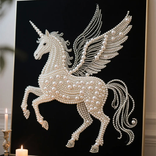 Luxury Pearl Unicorn Wall Art – Modern Minimalist Living Room, Bedroom, Corridor Decorative Painting, Handmade Matte Micro-Spray with Black Aluminum Frame