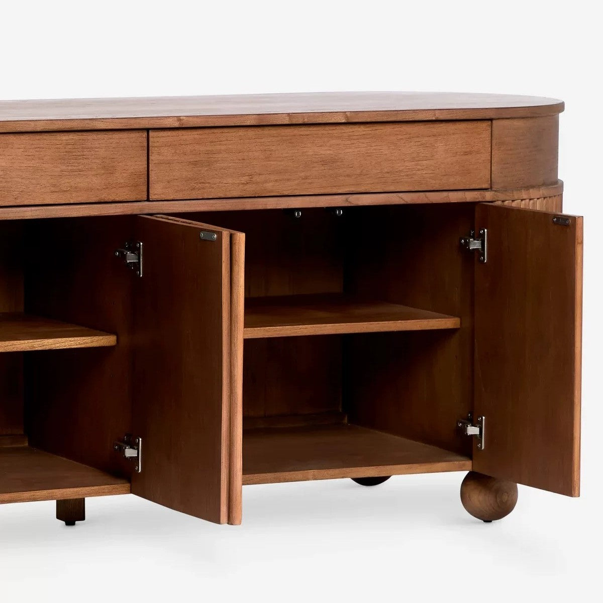French Mid-Century Curved Fluted Solid Wood Sideboard – Premium Storage Cabinet with Drawers and Doors, Luxury Dining Room Buffet Console with Spherical Legs