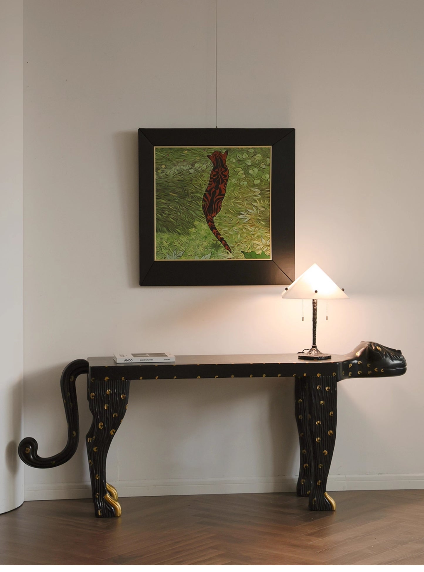 Luxe Mexican Jaguar Console Table – Black & Gold Sculptural Entryway Table with Jaguar Leg Design, Statement Art Furniture Piece