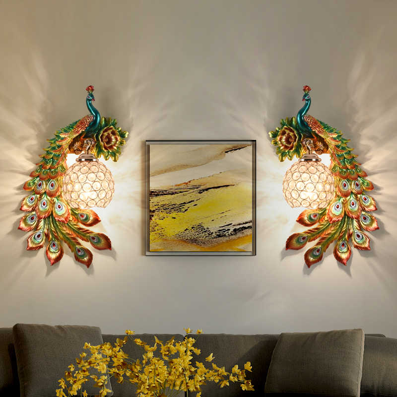 Colorful Peacock Crystal Wall Sconce Set – Rechargeable Resin Accent Lights with Remote Control for Modern Living Room, Bedroom, and Hallway