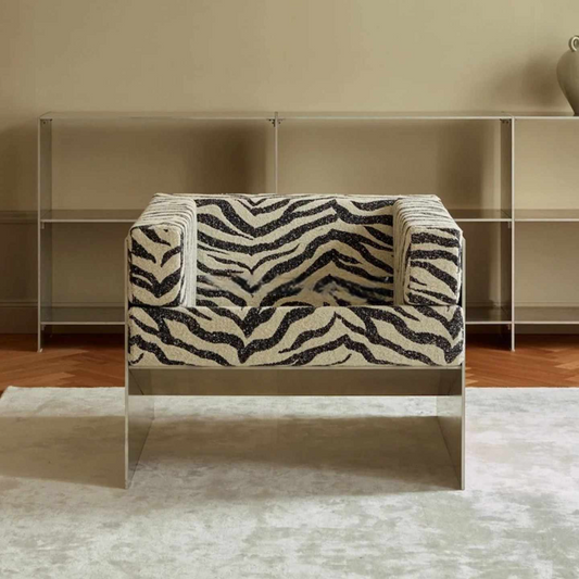 Luxury Designer Zebra Lounge Chair, Stainless Steel Single Sofa for Living Room, Hotel, or Boutique Apartment