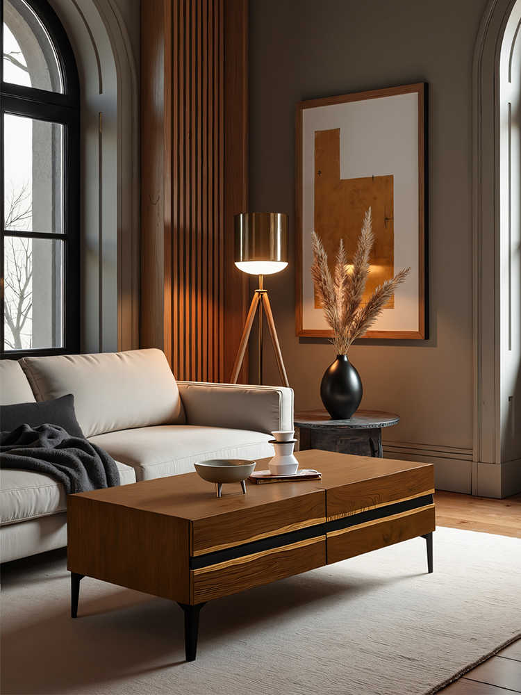 Retro Modern Solid Oak Coffee Table – Minimalist Rectangular Living Room Centerpiece with Drawers, Caramel Finish