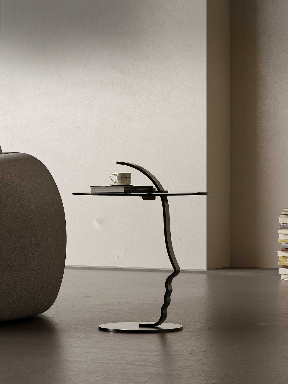 Designer Glass Side Table, Modern Minimalist Sculptural Accent Table for Small Spaces, Creative Curved Design