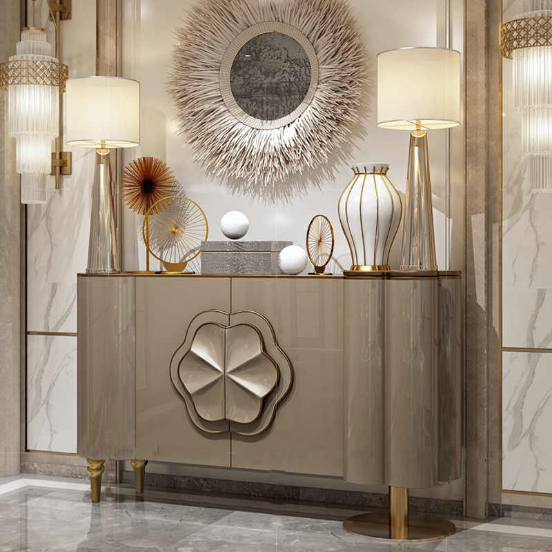 Modern Luxury Taupe Sideboard Cabinet, Artistic Solid Wood Entryway Console with Stainless Steel Accents