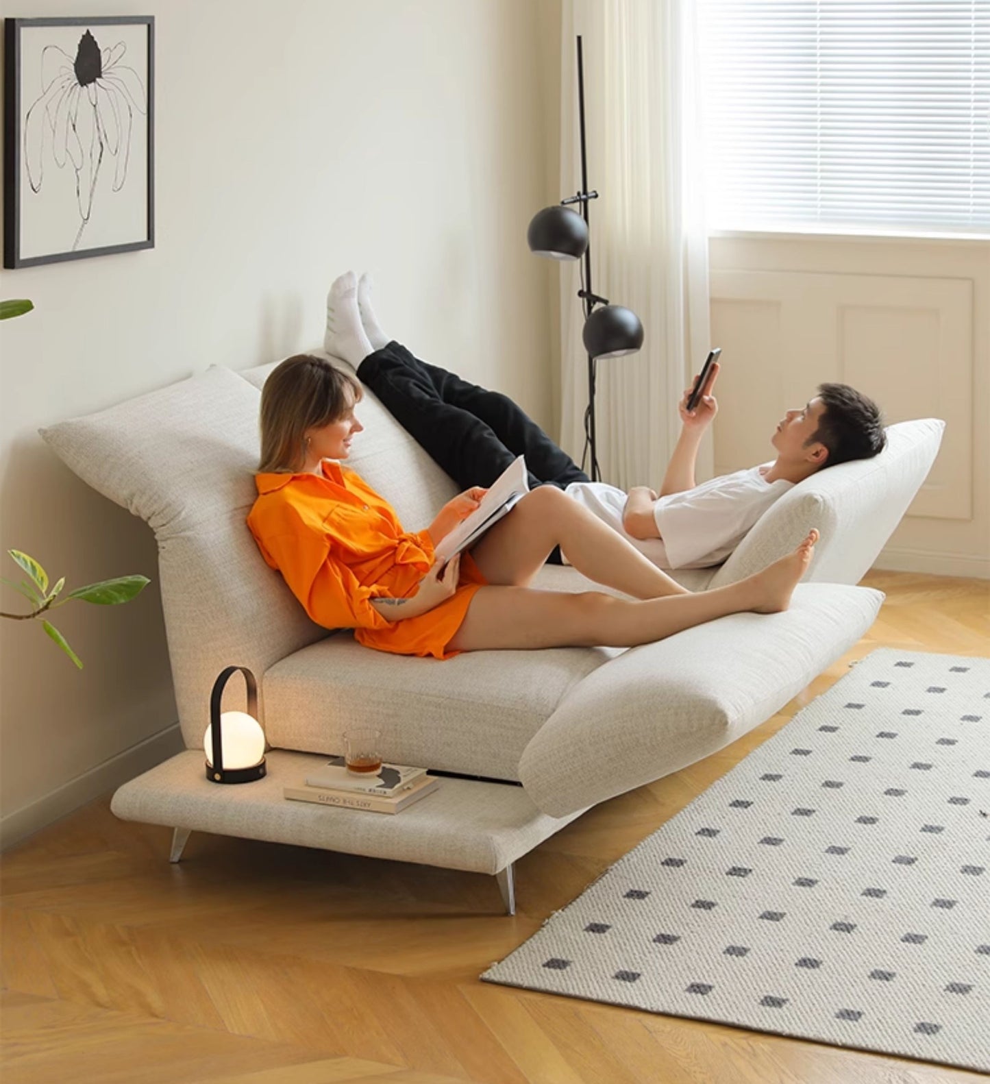 Modern Transforming Sofa – Flexible Convertible Island-Style Sofa, Compact Apartment Living Room Couch, Cream White Fabric Recliner