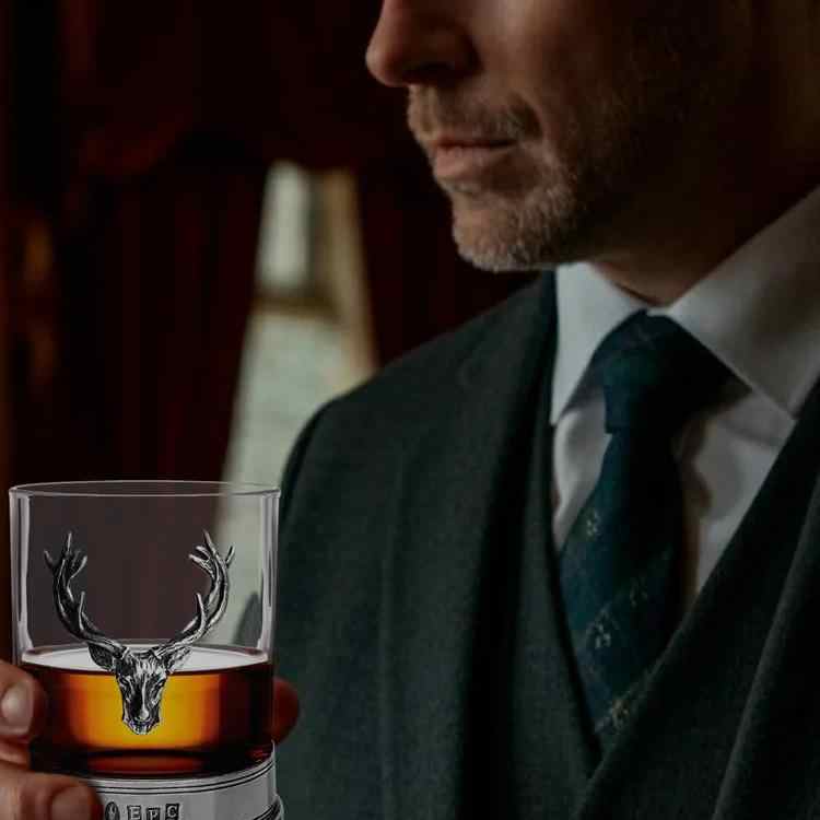 Whiskey Glass 312ml – Wide-Mouth Tumbler with Heavy Base, Handcrafted Deer Motif, Gift Boxed