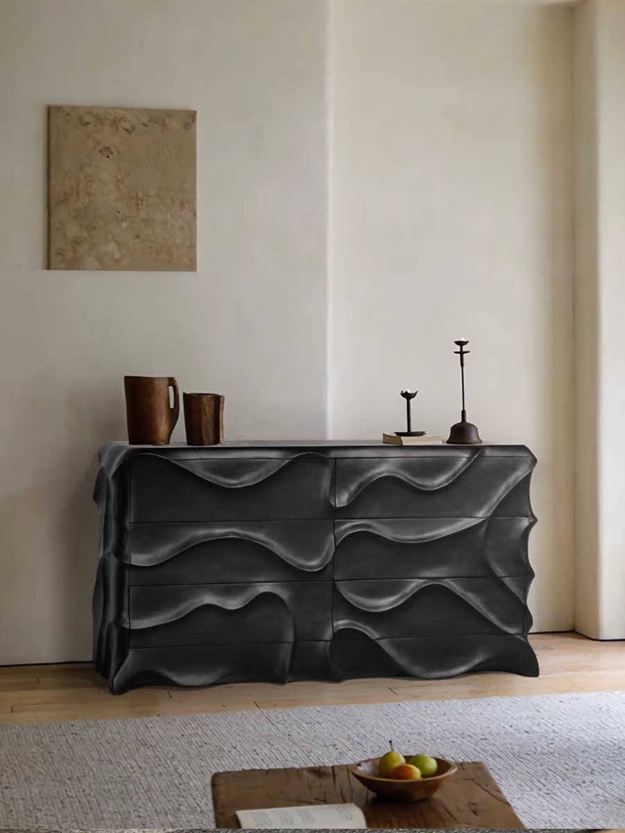 Eastern Wabi-Sabi Sculptural Wave Sideboard – Modern Asian Style Fluid Black Console Cabinet, Luxury Artistic Storage Dresser for Living Room and Entryway