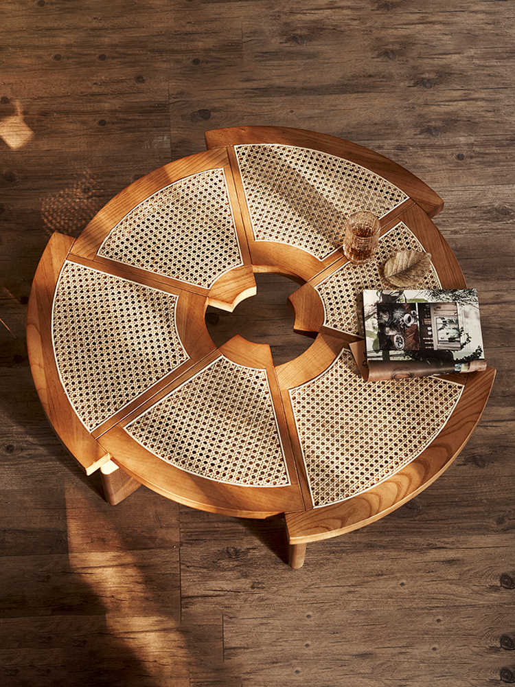 Vintage Cherry Wood Polygon Rattan Tea Table, Style Round Low Table for Small Living Rooms
