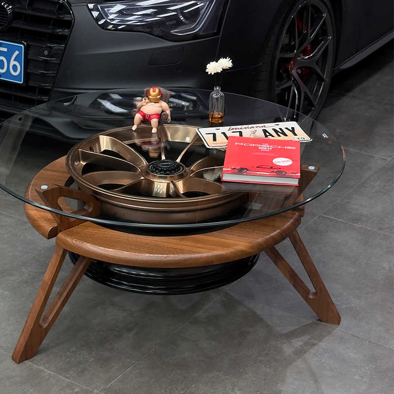 Modern Racing Wheel Hub Coffee Table – Solid Wood Base, Glass Top, Automotive Rim Display Stand, Sports Car Theme Decor