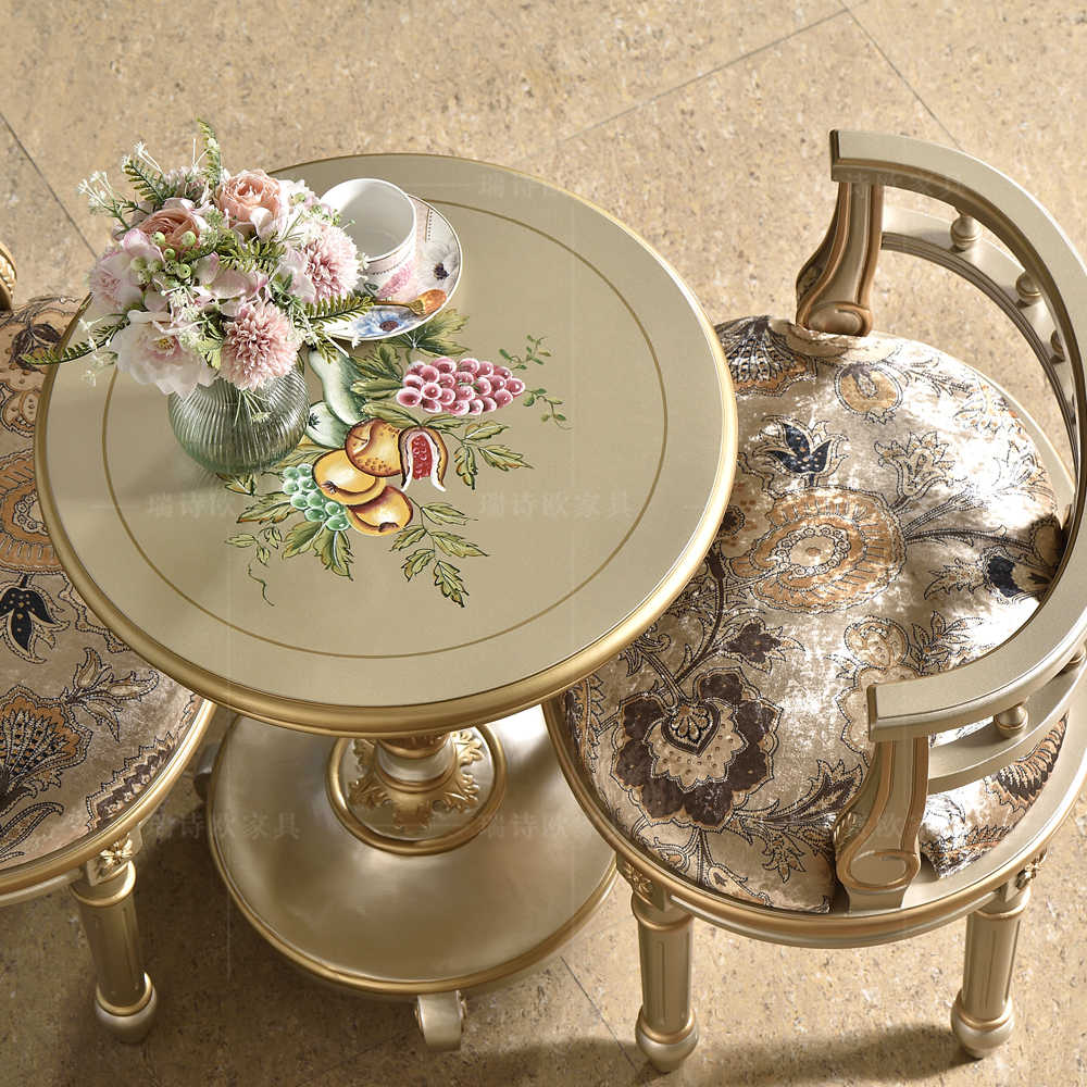 French Vintage Champagne Gold Tea Table & Chair Set – Classic Round Pedestal Table with Upholstered Accent Chair, Luxury Patio Conversation Furniture