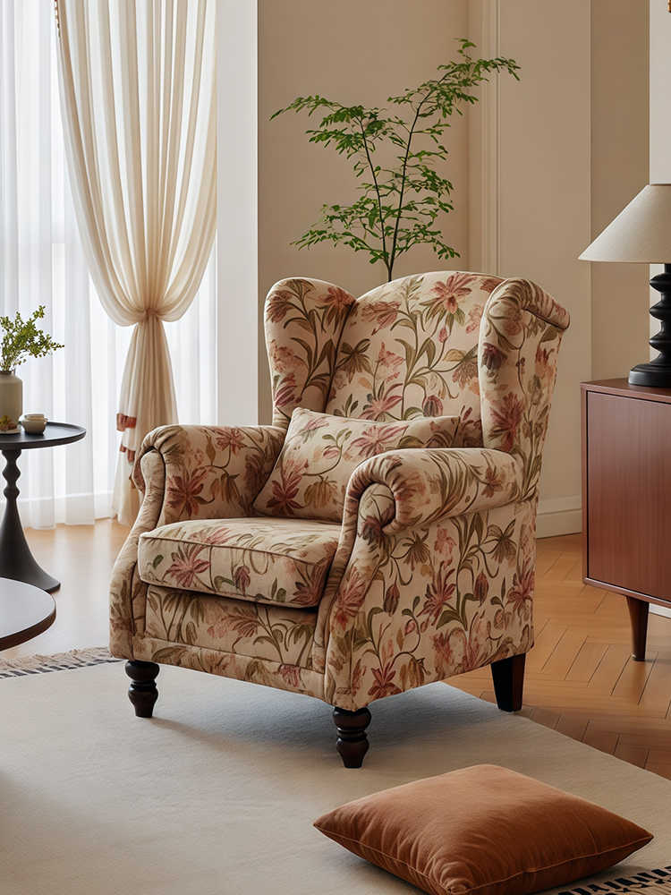 Vintage Floral Tiger Chair – High-Back Retro Armchair, Living Room/Bedroom/Balcony, Designer Single Sofa