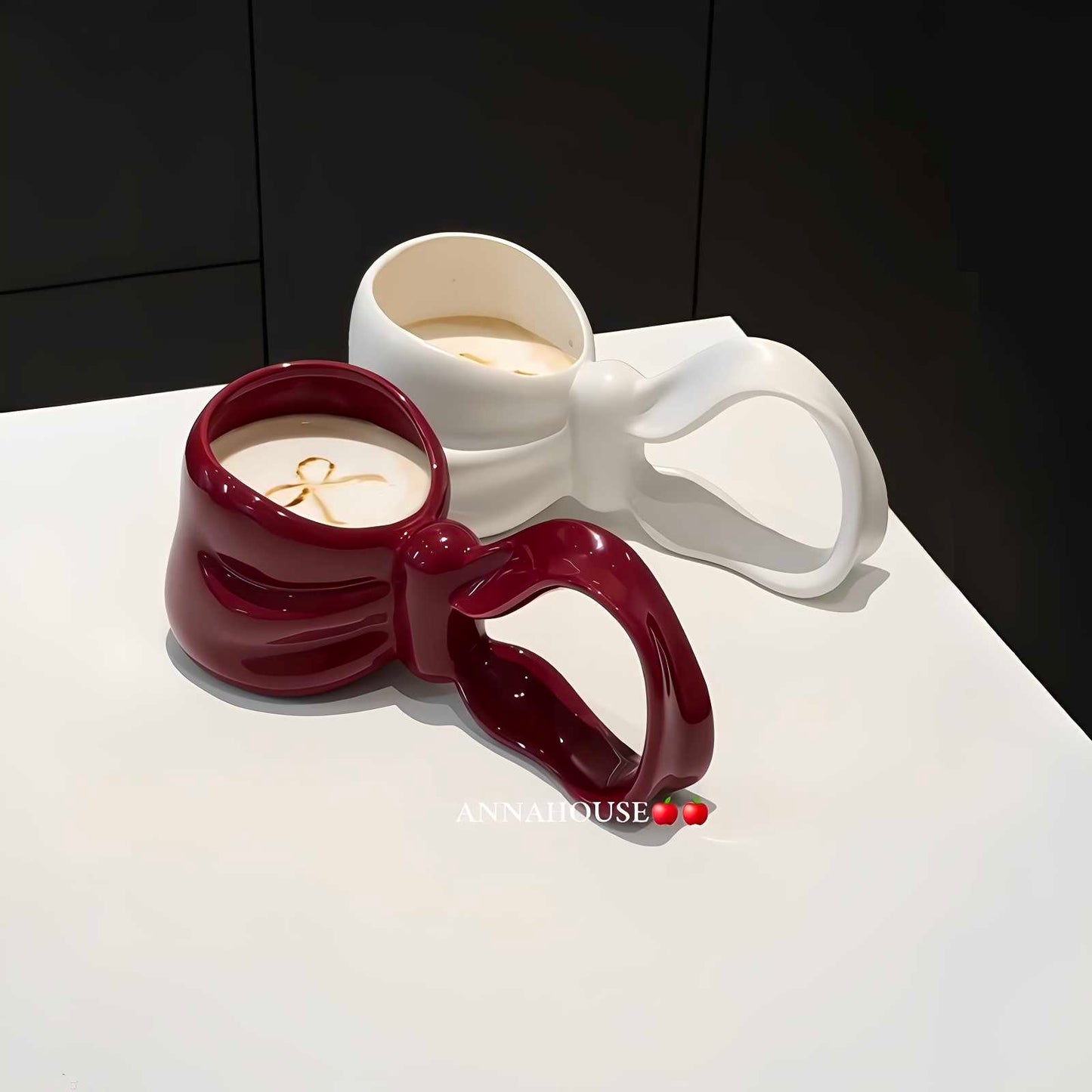 Designer Bow Handle Ceramic Coffee Mug Combo – Artistic Sculptural Handle Large Capacity Premium Tea Cup, Unique Butterfly Shape Design