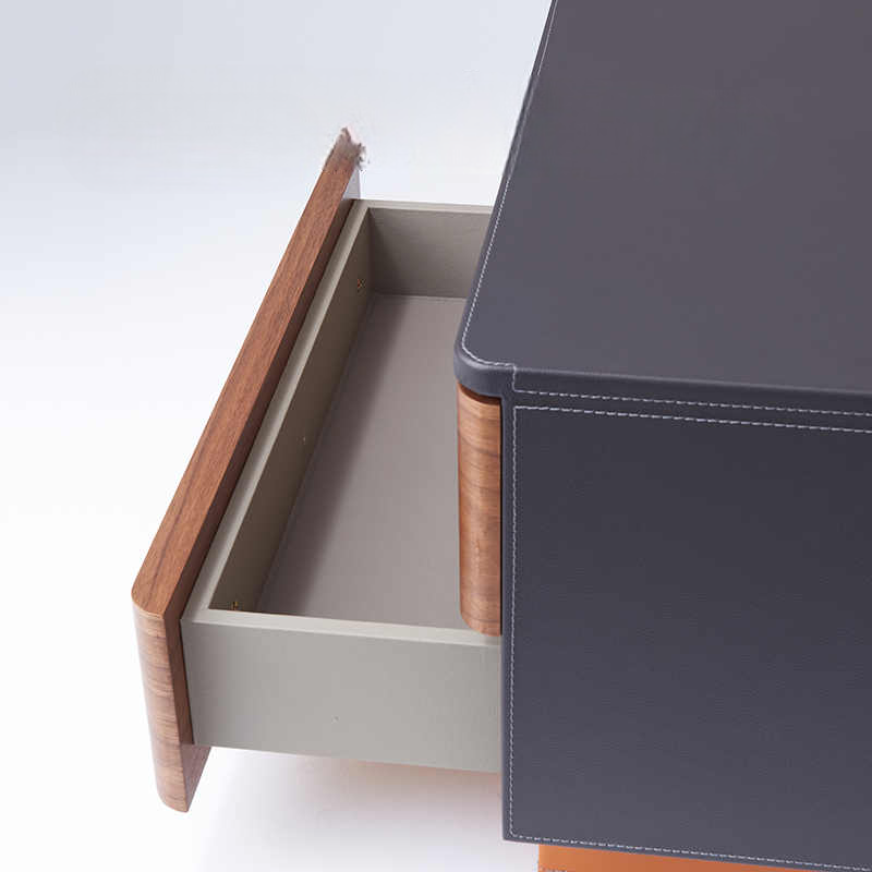 Minimalist Saddle Leather Bedside Cabinet, Luxury Walnut Wood Designer Nightstand, High-End Bedroom Side Table