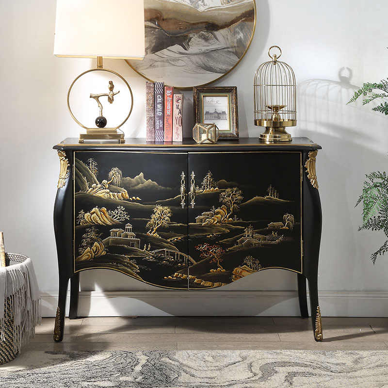 Hand-Painted Landscape Entryway Cabinet, Style Antique Solid Wood Hallway Sideboard