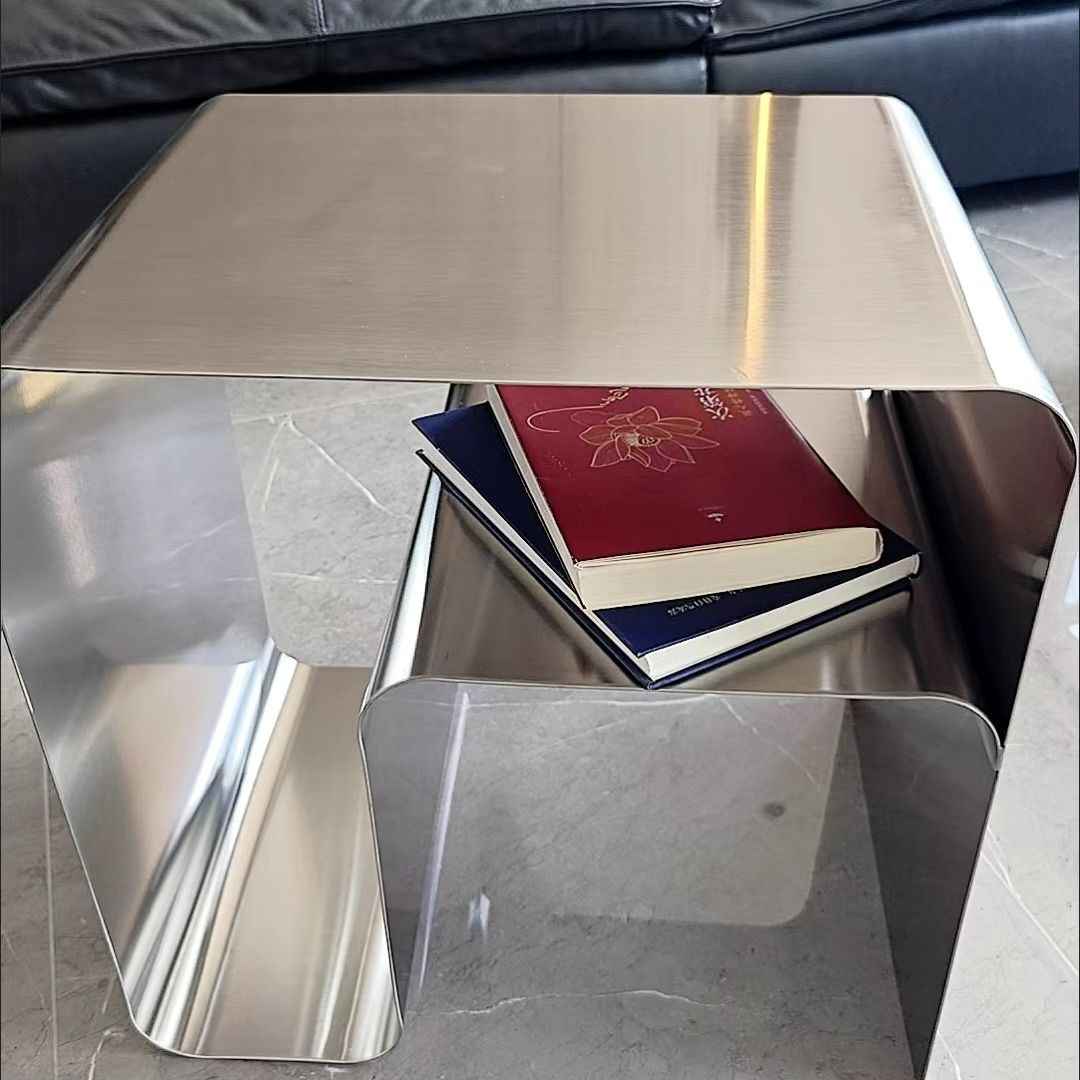 Brushed Stainless Steel S-Shaped Side Table, Nordic Minimalist Coffee Table with Storage Shelf, Contemporary Italian Design Accent Table