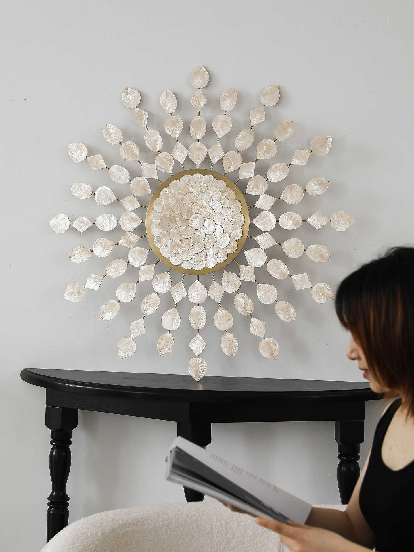 Luxury Gold Geometric Starburst Wall Art, Pearl Shell Decorative Metal Sculpture for Living Room & Dining Room