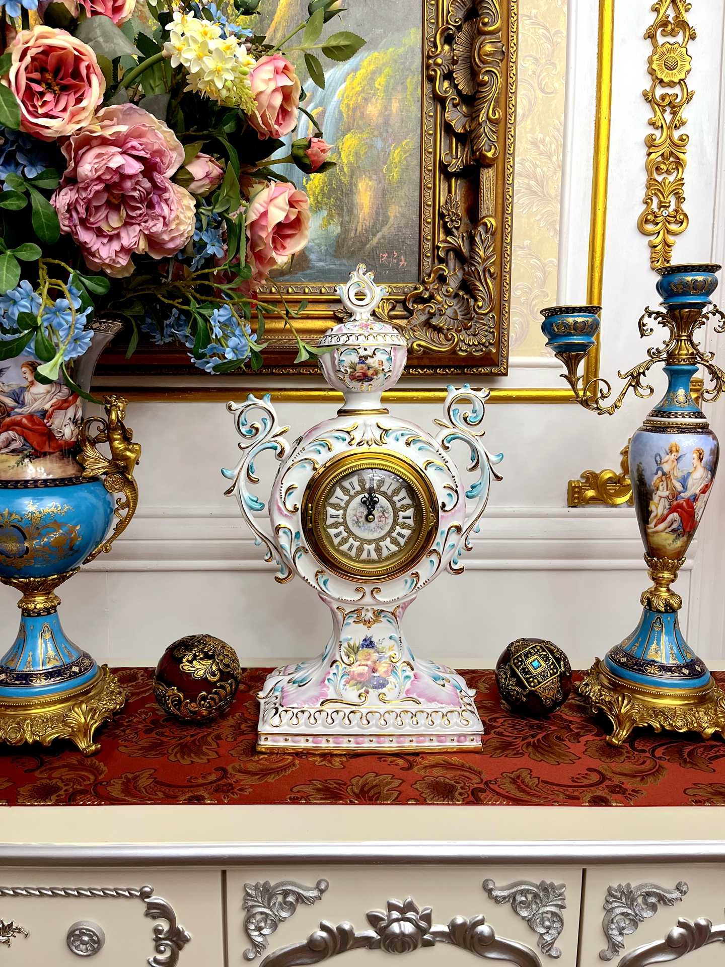 Palace Hand-Painted Porcelain & Bronze Mantel Clock, Luxury White 24-Inch Villa Fireplace Decorative Antique