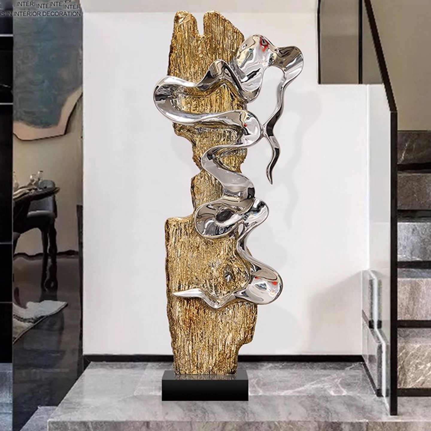 Modern Luxury Abstract Floor Sculpture, Tall Silver Art Decor for Living Room, Hallway, TV Stand, Hotel Entrance