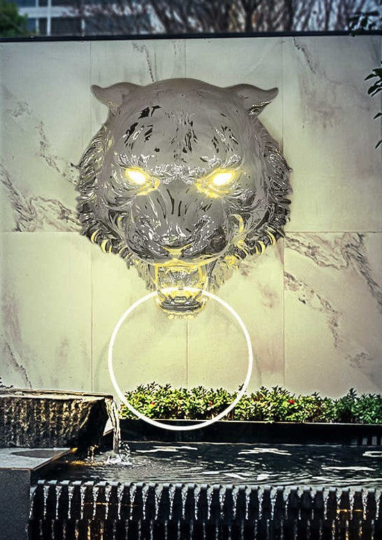 Large Chrome Tiger Head Wall Sculpture with Illuminated Eyes, Modern KTV Nightclub Bar Decor, Futuristic Eye-Catching Statement Art