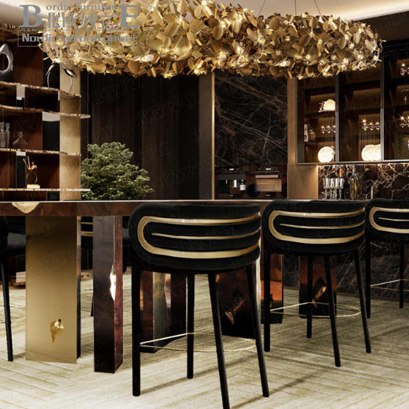 Modern Luxury Solid Wood Bar Stool – Front Desk, Reception, and Bar High Stool with Stainless Steel Accents, Minimalist Design